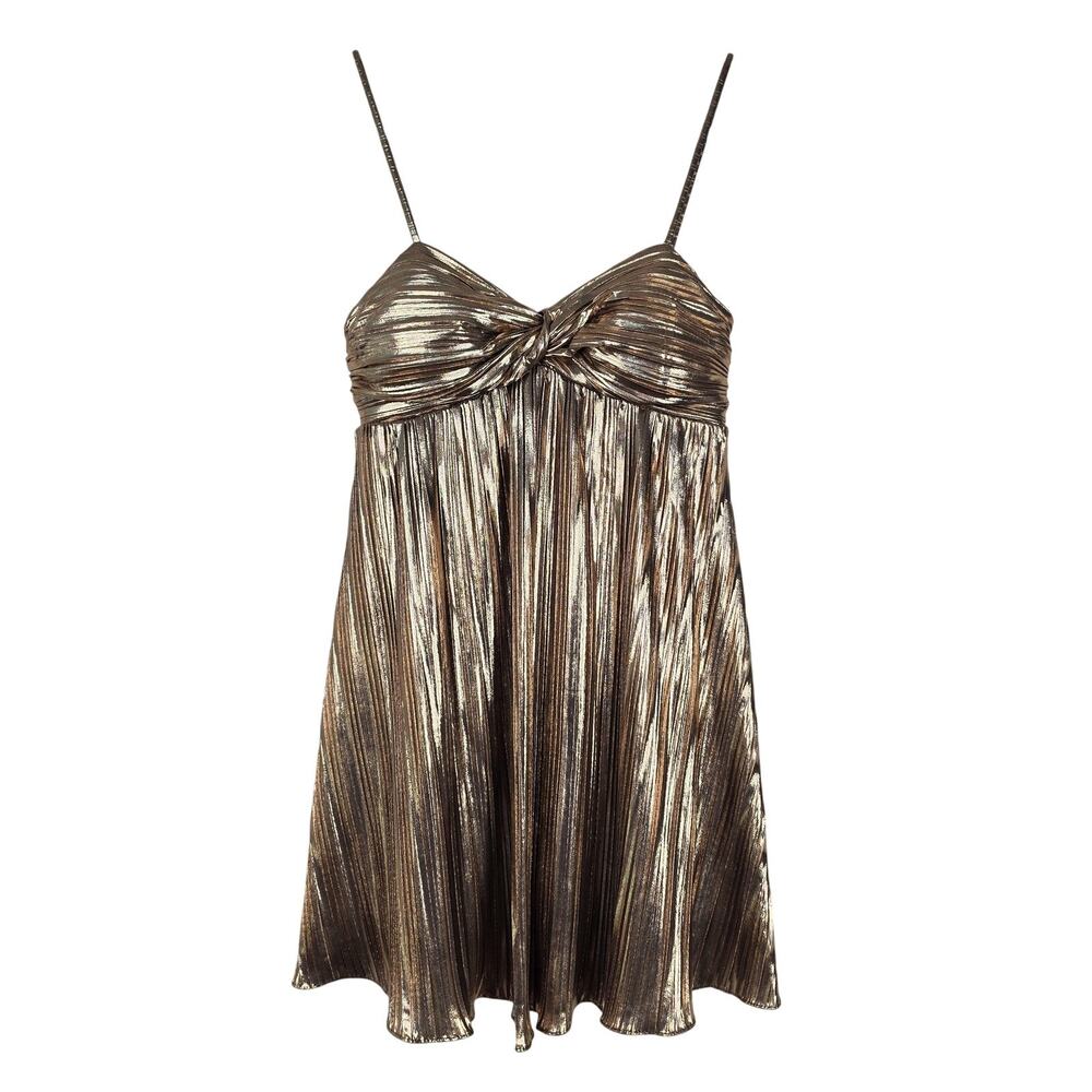 City Studio Dress Junior 3/4 Gold Metallic Pleated Fit Flare Mini Party Club NYE